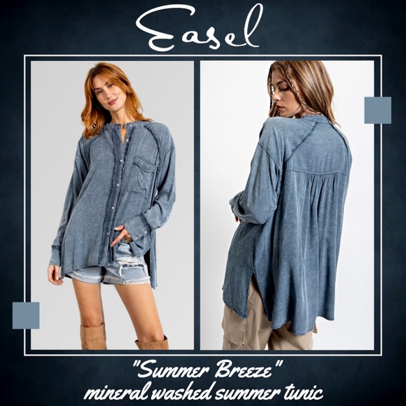 EASEL "Summer Breeze" Mineral Washed Frayed Seams Button Up Tunic Top Side Slits - Picture 1 of 15